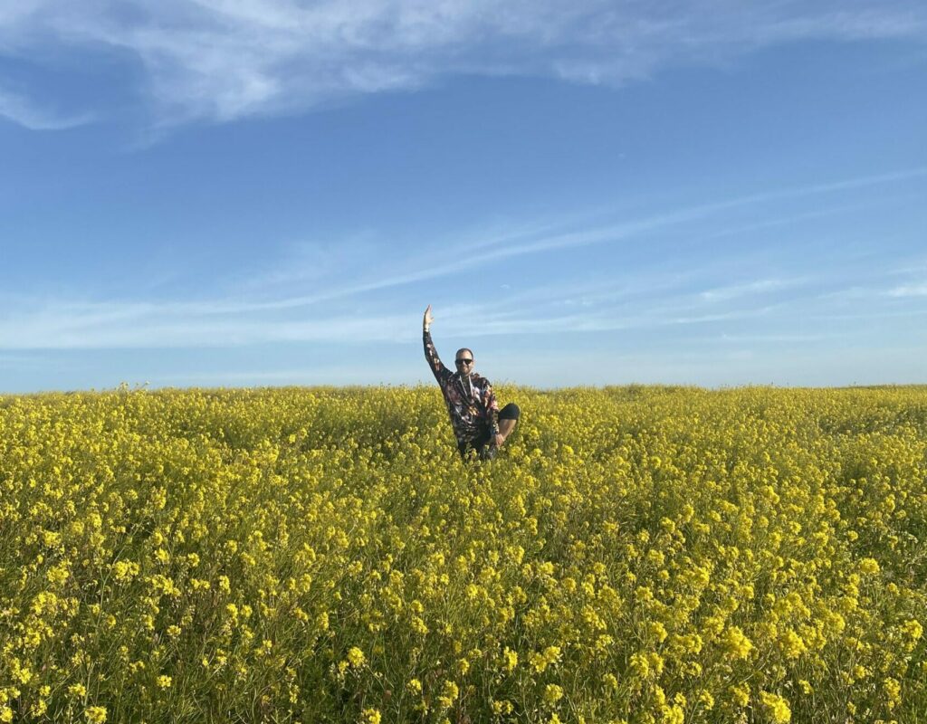 Marc balancing in field of flowers